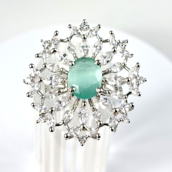 Gorgeous Intricate Clear CZ and Mint Adjustable Ring - Picture 2 of 4